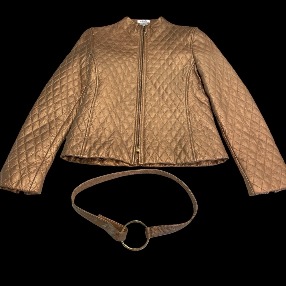 NEW Vintage 80s 90s Blushe Impressions Gold Quilted Leather Zipper Jacket w/belt